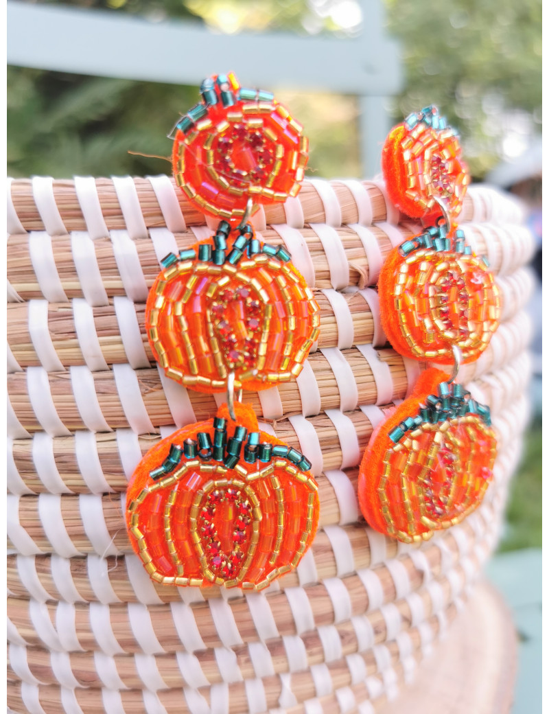 Boucles d'Oreilles Trio de Citrouilles en perles