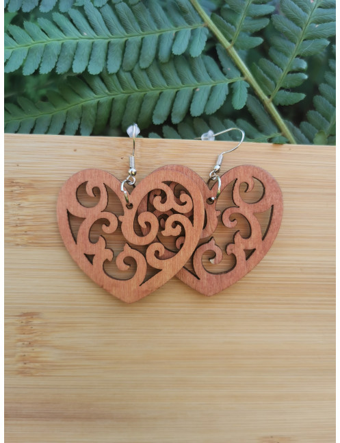 Boucle d'oreille en Bois - Motif Coeur