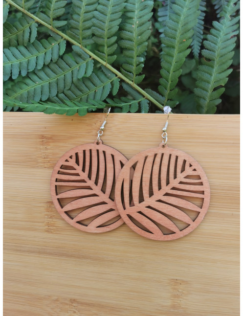 Boucle d'oreille en Bois ronde - Motif Feuilles