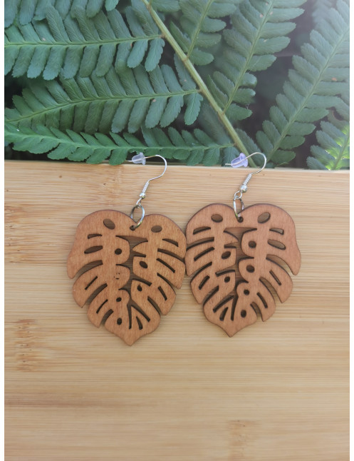 Boucle d'oreille en Bois - Motif Feuilles Monstera